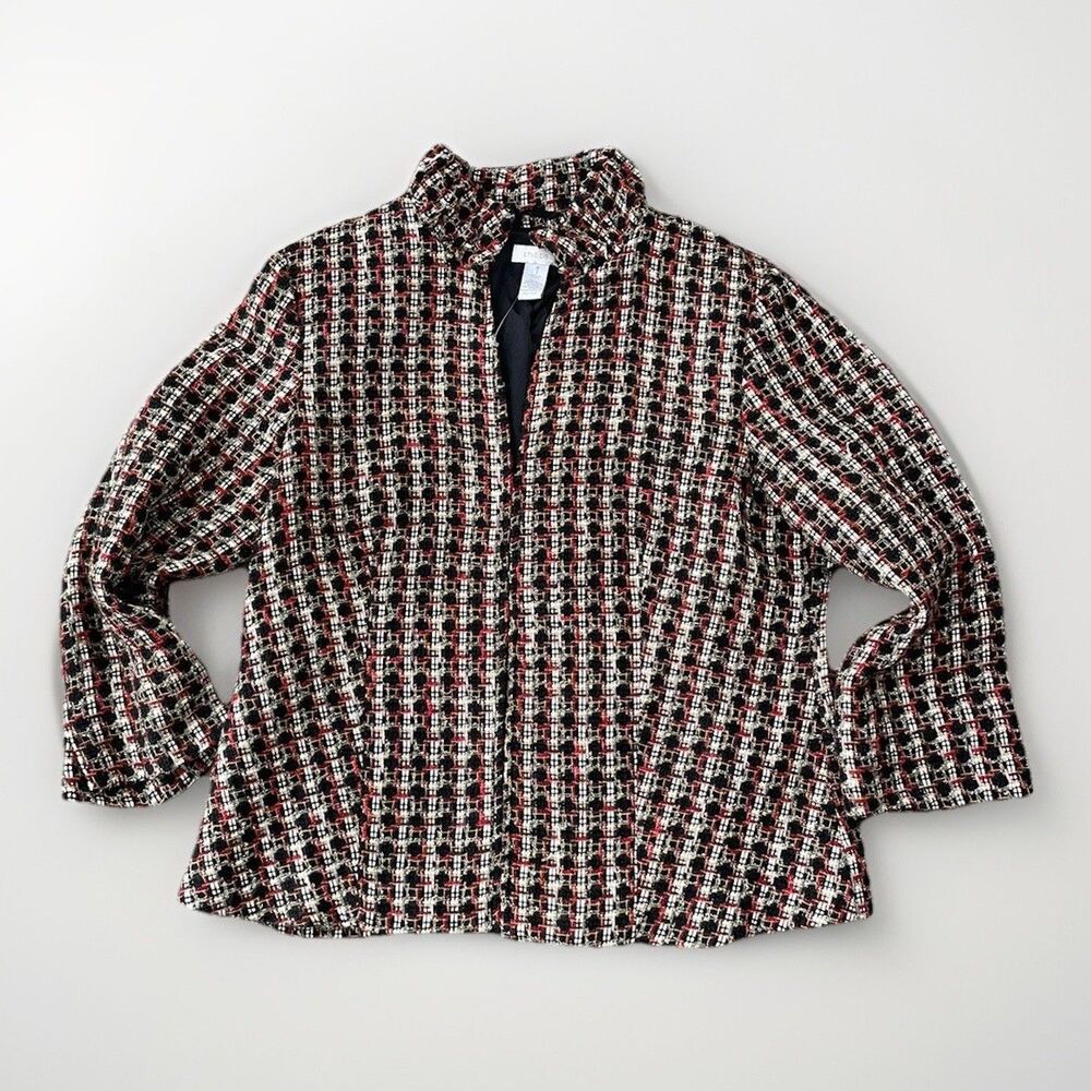 Chico’s Tweed Blazer Size S Red Metallic Black Hook and Eye Closure